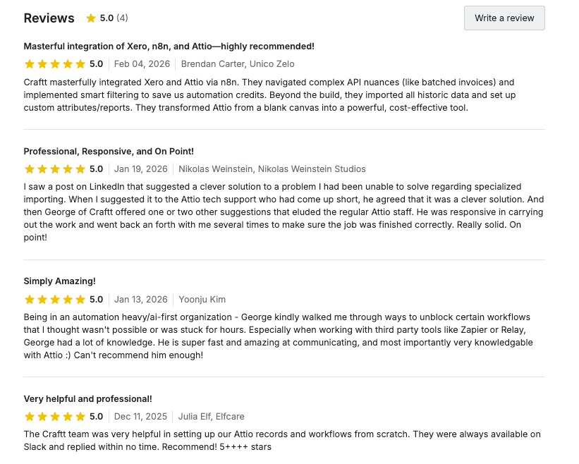Screenshot of client reviews